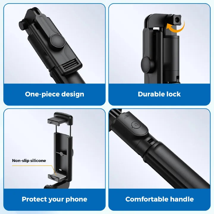 Black selfie stick with features highlighted on a blue background