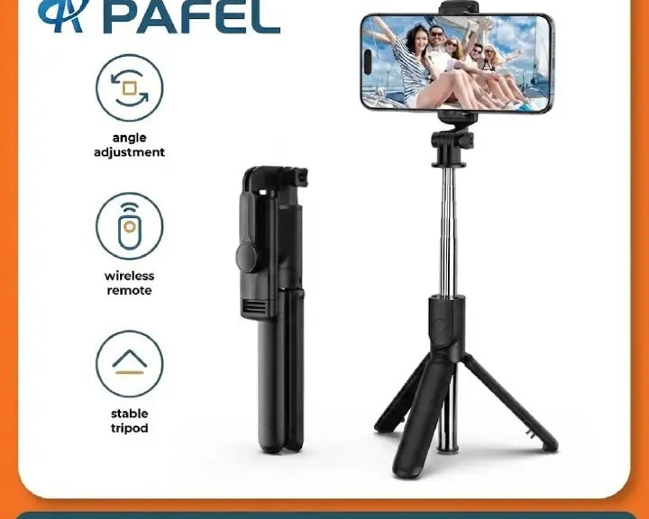 PAFEL selfie stick with phone holder and features on a white background